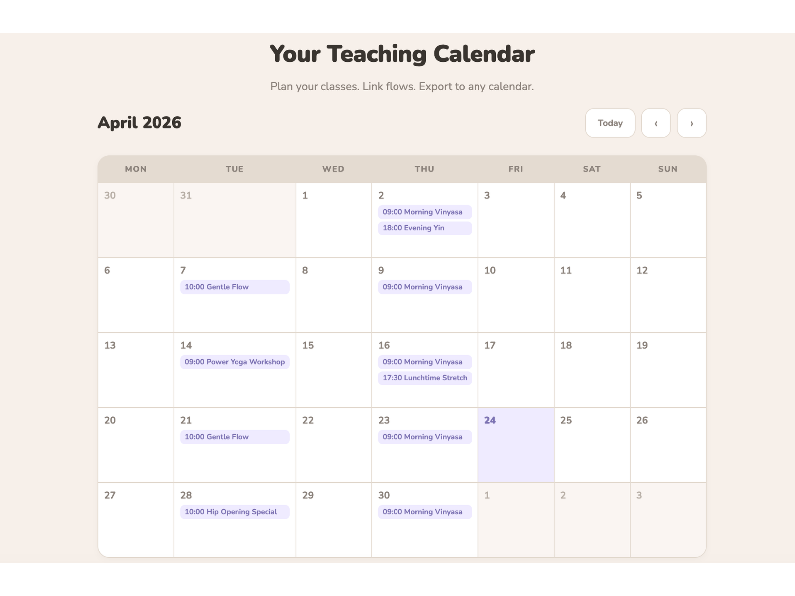 Teaching Calendar — plan classes, link flows, export to Apple or Google