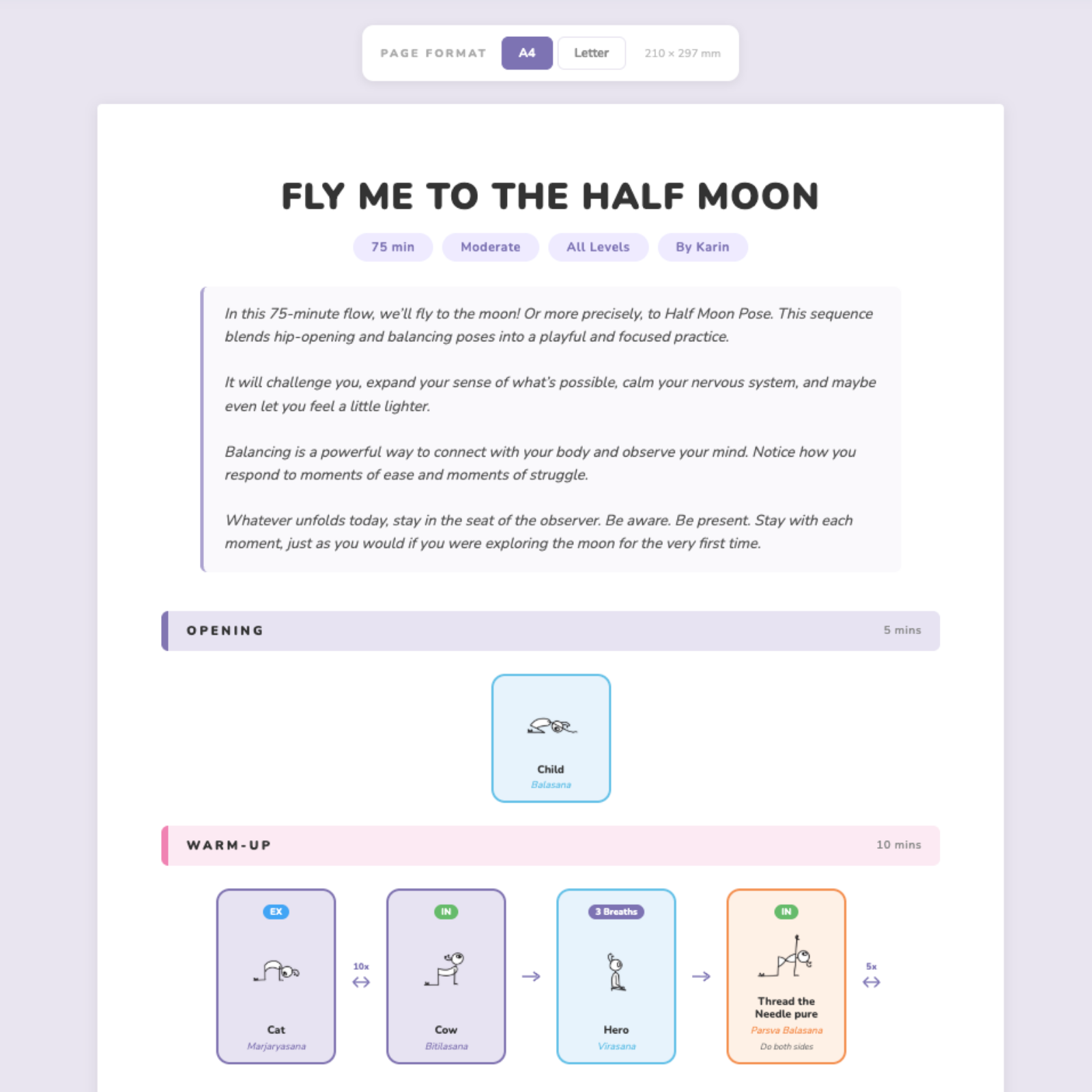 PDF Export — printable sequences in A4 and Letter, with your own branding on Pro and Mentor