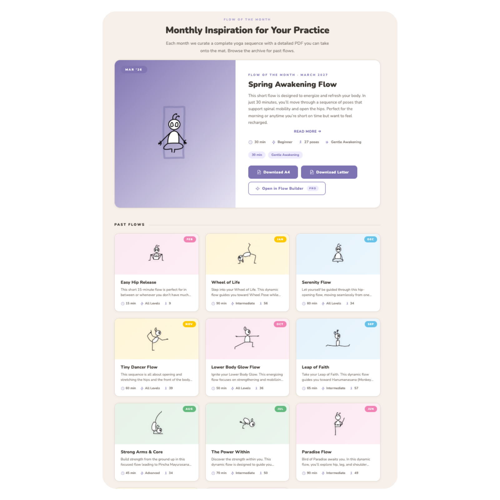 Flow of the Month — curated monthly sequence with downloadable PDF