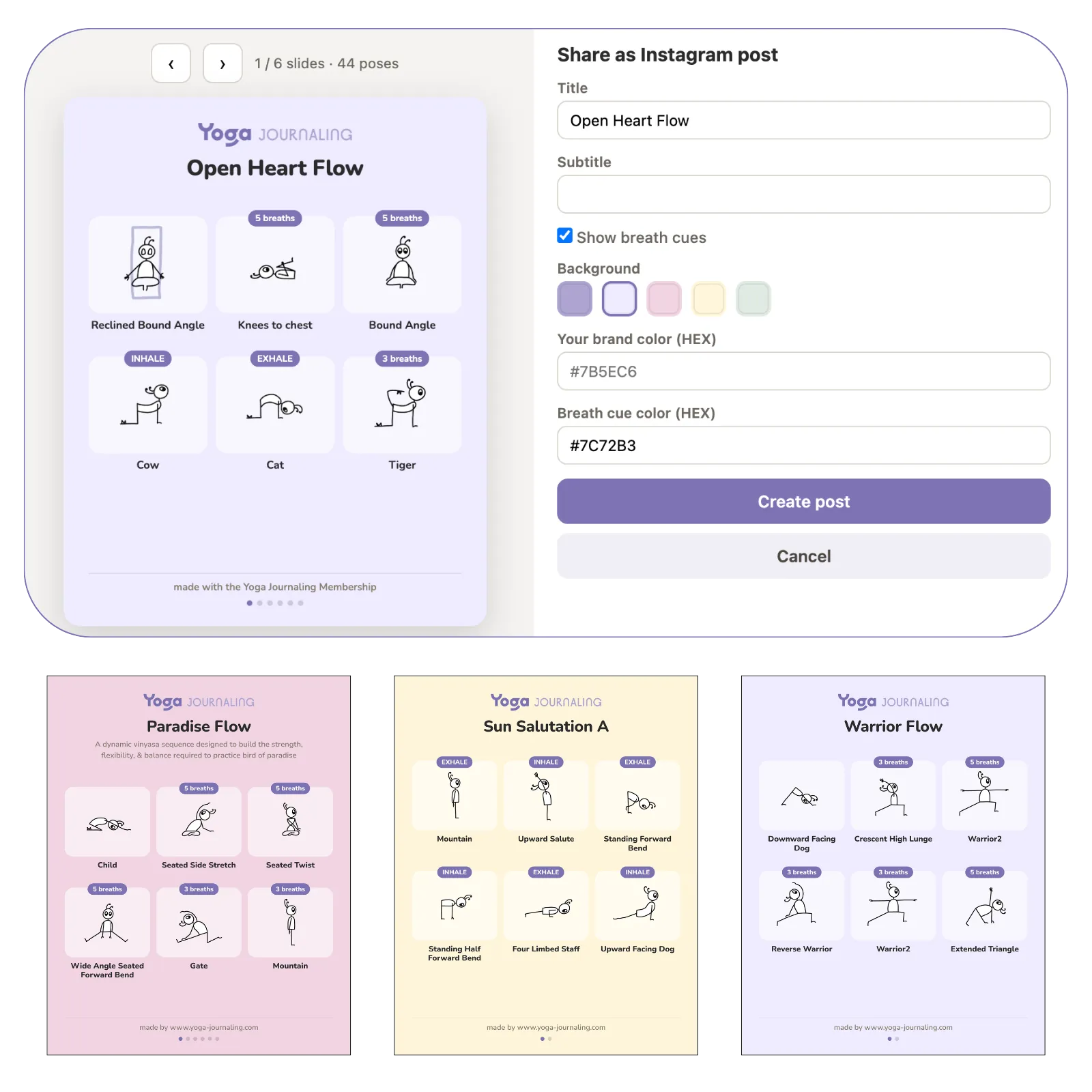 Instagram export — turn any flow into a ready-to-share carousel post with breath cues and your branding