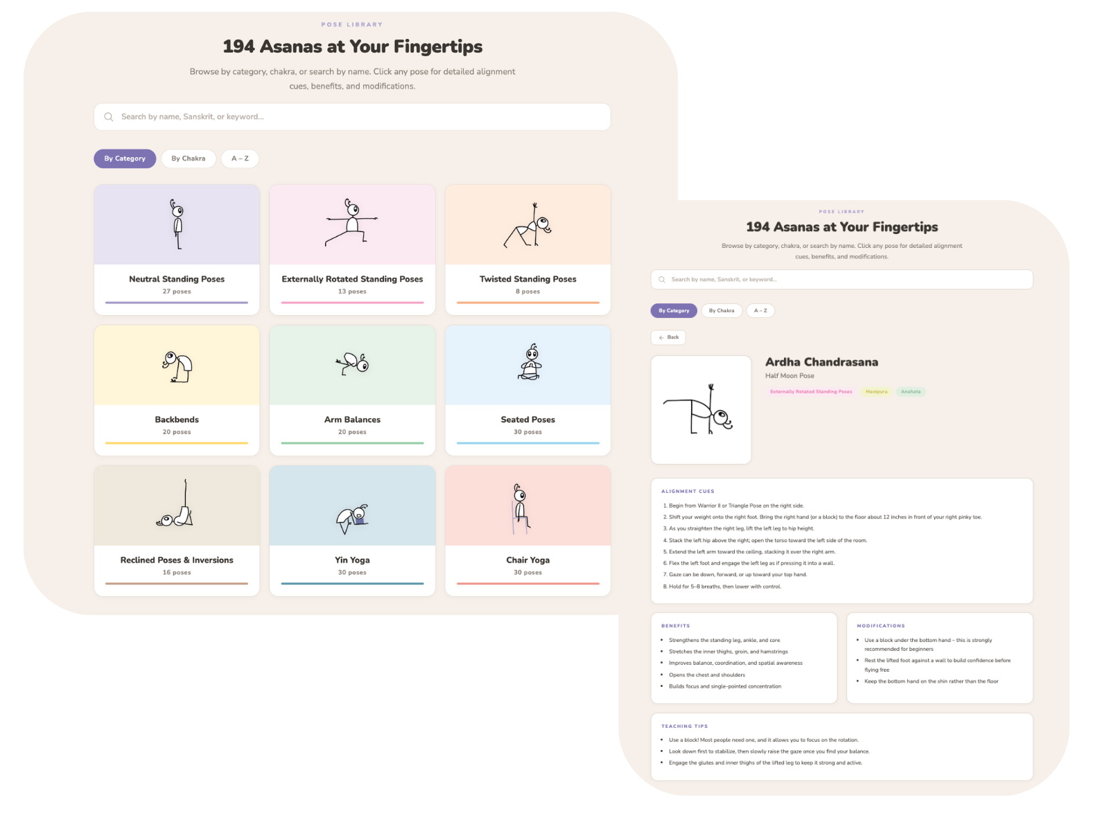 Pose Library — 194 poses with filters for category, chakra and A-Z