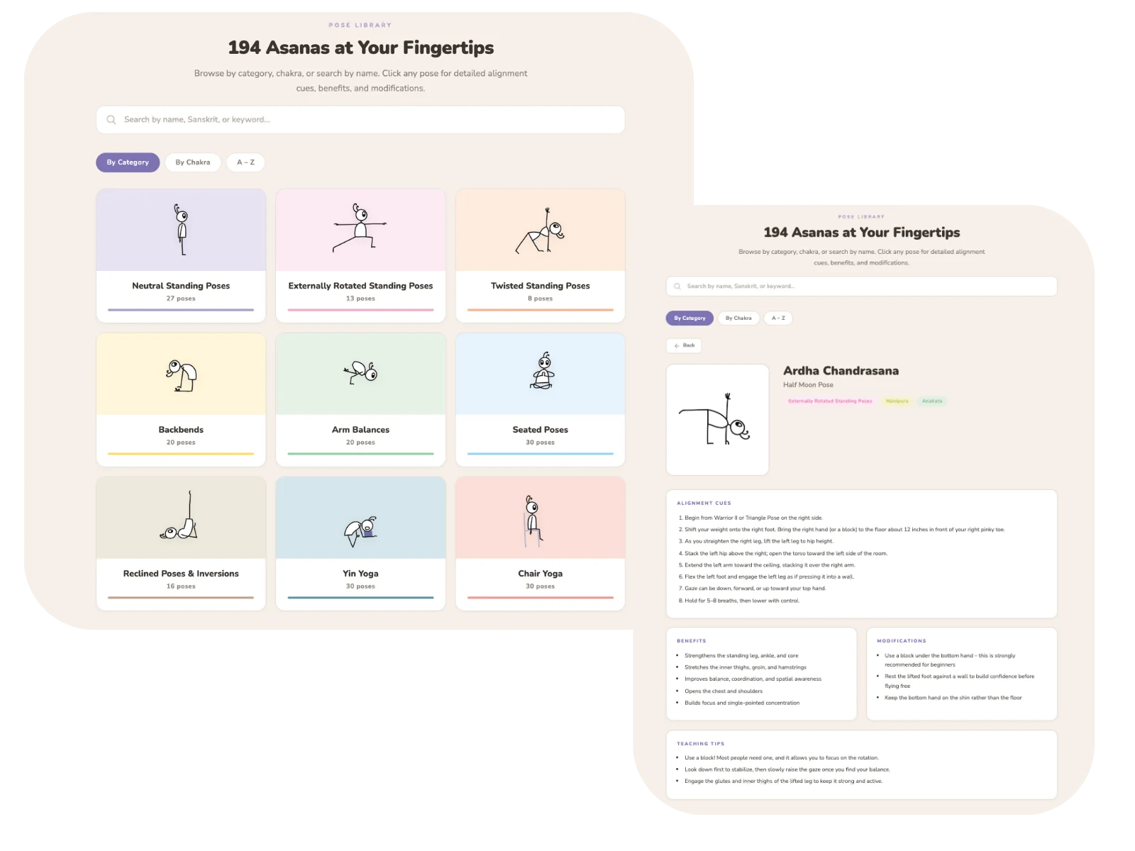 Pose Library — over 200 poses with filters for category, chakra and A-Z